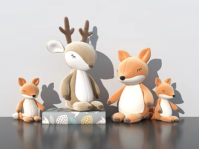 Cute Soft Plush Animal Toys Including Deer And Fox In Various Sizes 3d model