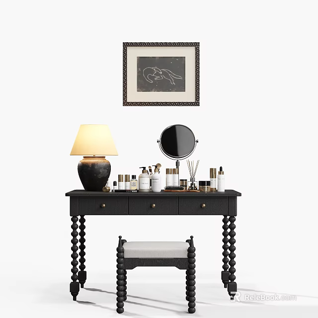 Stylish Black Dressing Table with Round Mirror Table Lamp Cosmetics and Stool 3d model