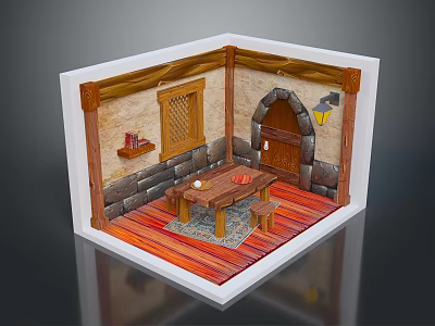 Rustic Medieval Miniature Room Model With Stone Walls Arched Door Wooden Table And Bench 3d model