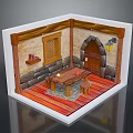 Rustic Medieval Miniature Room Model With Stone Walls Arched Door Wooden Table And Bench