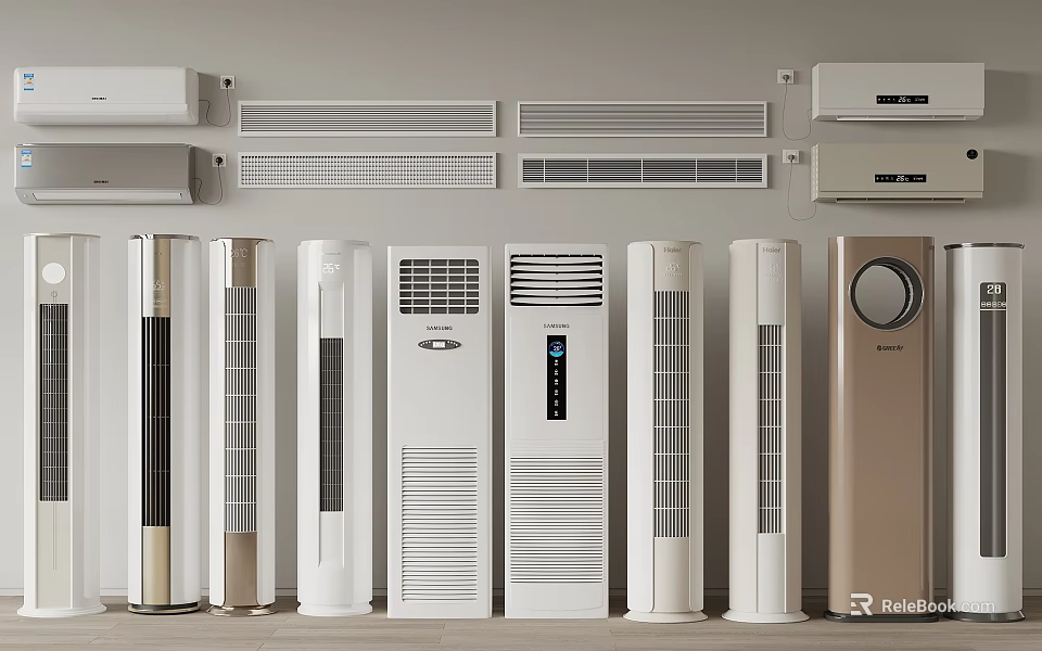 Different Styles Of Air Conditioners And Fans Displayed In Row 3d model 