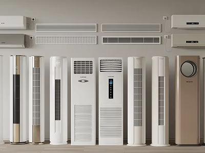 Different Styles Of Air Conditioners And Fans Displayed In Row 3d model