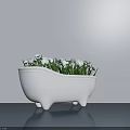 Bathtub Shaped White Bonsai Pot With White Flowers And Green Grass On Gray Surface Against Gray Wall