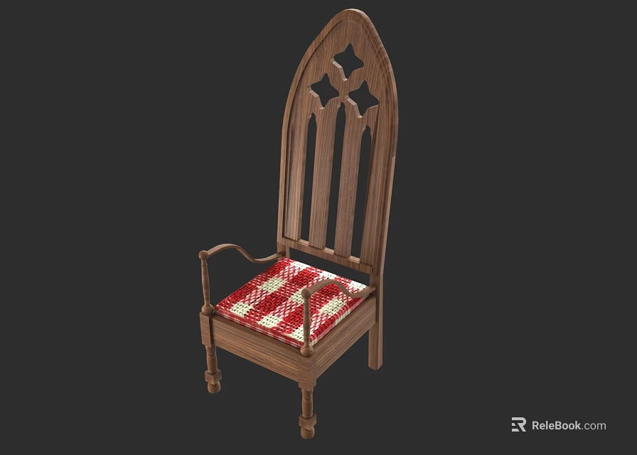 Gothic Style Wooden Chair With Carved Backrest Red White Checkered Cushion And Armrests 3d model 
