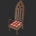 Gothic Style Wooden Chair With Carved Backrest Red White Checkered Cushion And Armrests