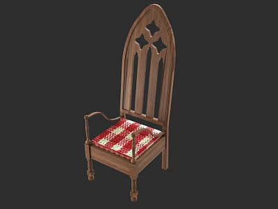 Gothic Style Wooden Chair With Carved Backrest Red White Checkered Cushion And Armrests 3d model
