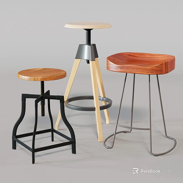 Modern Wooden Bar Stools With Metal Frames And Various Stylish Designs 3d model