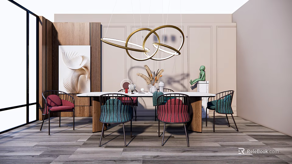 Modern Luxury Dining Table Set With Colorful Chairs And Gold Pendant Lights 3d model 