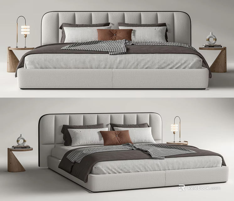 Modern Double Bed Design With Upholstered Headboard Nightstands And Table Lamps 3d model