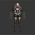 3D Female Character Model With Red White Hair Decorative Armor Black Shorts And Fishnet Stockings