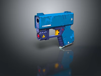 Blue Modern Pistol with Yellow Accents Red Button and Warning Symbol in Futuristic Design 3d model