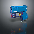 Blue Modern Pistol with Yellow Accents Red Button and Warning Symbol in Futuristic Design