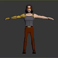 3D Rendered Character With Golden Mechanical Arm Gray Vest Red Pants And Brown Shoes