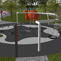 Park Landscape With Children's Playground Swings Apple Shaped Climbing Structure And Green Trees