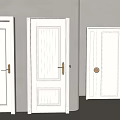 White Swing Doors With Three Different Panel Styles And Brass Handles Under Natural Light Shadows