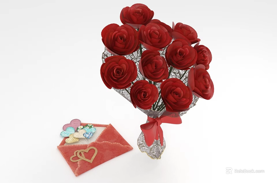 Red Rose Bouquet Floral Arrangement With Decorative Ribbon Wrapping And Heart Card 3d model 