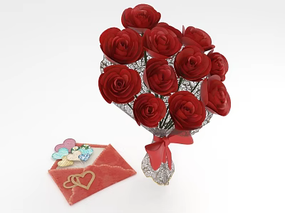 Red Rose Bouquet Floral Arrangement With Decorative Ribbon Wrapping And Heart Card 3d model