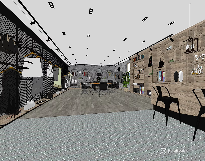 Public Office Space With Open Layout Tables Chairs Wall Display Shelves And Lighting Fixtures 3d model 