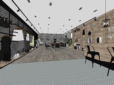 Public Office Space With Open Layout Tables Chairs Wall Display Shelves And Lighting Fixtures 3d model