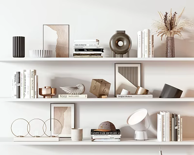 Stylish Decorative Ornament Combination With Shelves Books Art Frames Vases Geometric Ornaments And Dried Grass 3d model