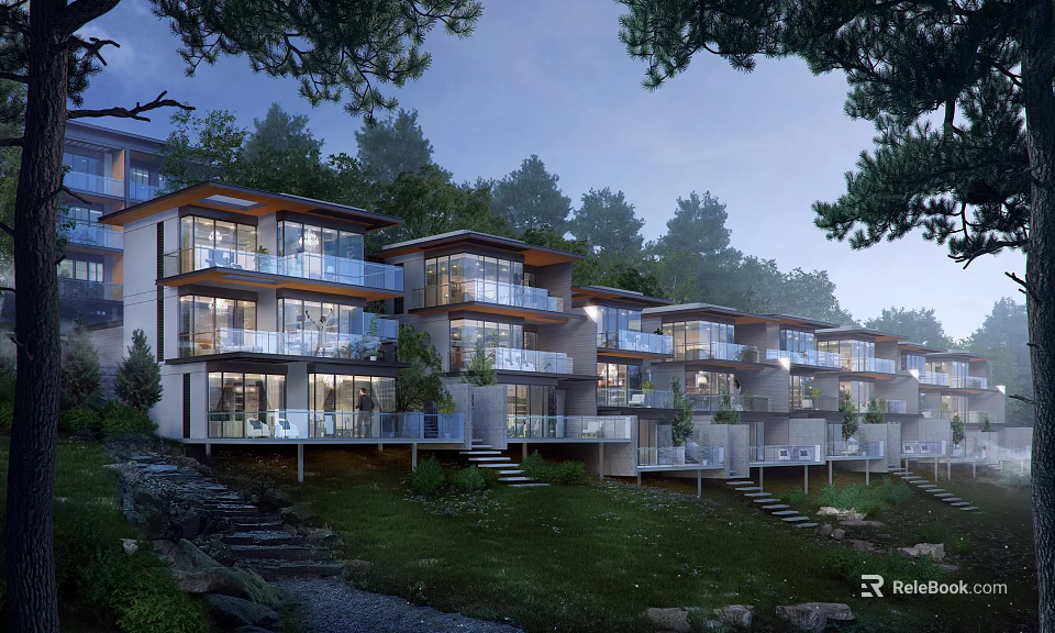 Modern Hillside Hotel Building With Glass Curtain Walls And Tree Surrounded Terraces 3d model 