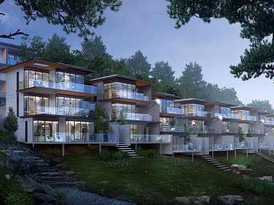 Modern Hillside Hotel Building With Glass Curtain Walls And Tree Surrounded Terraces 3d model