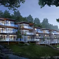 Modern Hillside Hotel Building With Glass Curtain Walls And Tree Surrounded Terraces