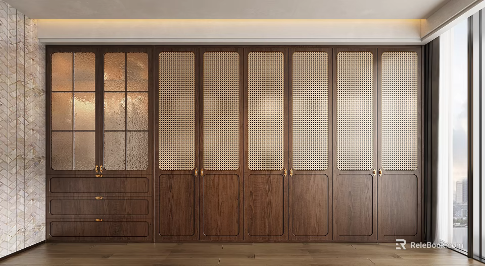 Wooden Wardrobe Interior with Glass Panel Doors Lattice Design and Drawers 3d model 