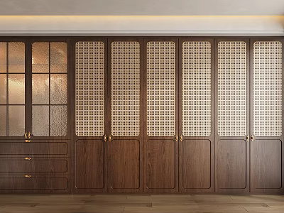 Wooden Wardrobe Interior with Glass Panel Doors Lattice Design and Drawers 3d model