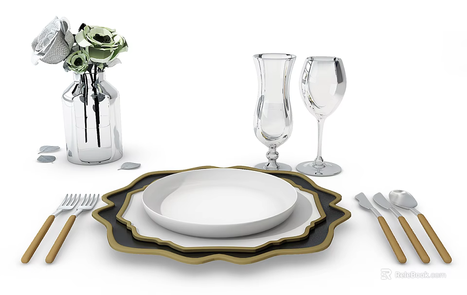 Elegant Tableware Set with Black Rimmed White Plates Wooden Handle Cutlery Glasses and Vase 3d model 