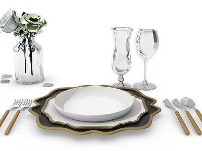 Elegant Tableware Set with Black Rimmed White Plates Wooden Handle Cutlery Glasses and Vase 3d model
