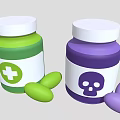 Green and Purple Medicine Bottles with Cross Skull Symbols and Pills