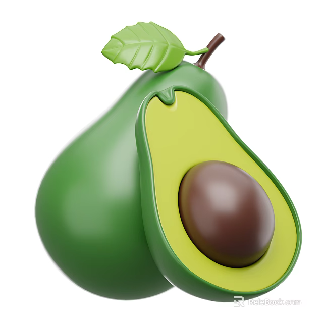 Fresh Avocado Whole and Sliced With Brown Pit and Green Leaf on Top 3d model 