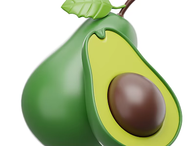 Fresh Avocado Whole and Sliced With Brown Pit and Green Leaf on Top 3d model