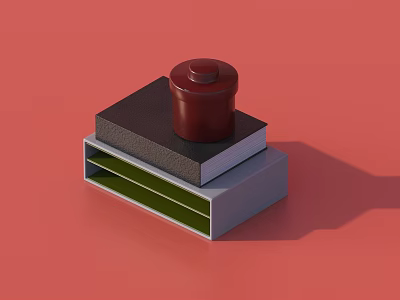 3D Model with Red Cylindrical Object Black Block and Green Gray Layers on Red Background 3d model