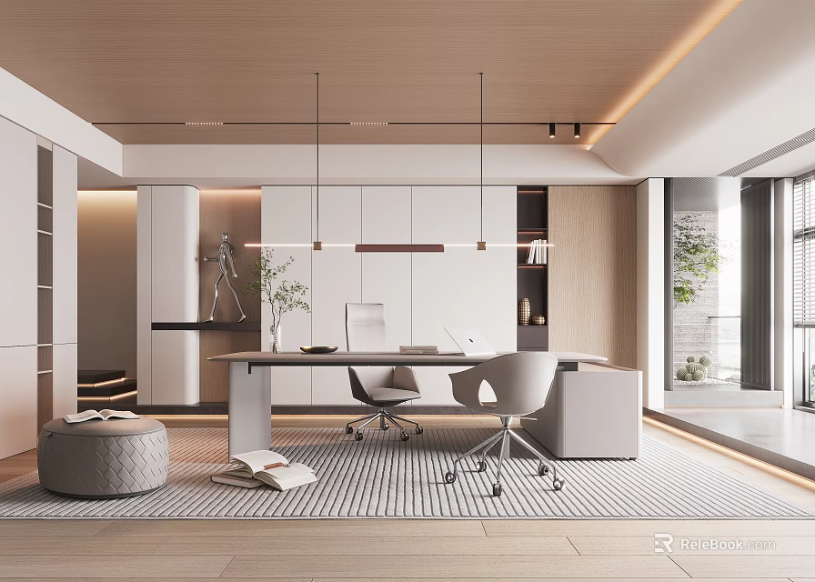 Modern Study Room With Wooden Ceiling White Cabinets Hanging Lights Desk Chairs On Rug 3d model 