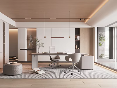 Modern Study Room With Wooden Ceiling White Cabinets Hanging Lights Desk Chairs On Rug 3d model