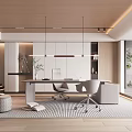 Modern Study Room With Wooden Ceiling White Cabinets Hanging Lights Desk Chairs On Rug