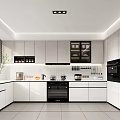 Modern Kitchen Interior With White Cabinets Black Appliances White Countertop And Strip Lights