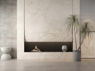 Modern Foyer Hallway With Stone Wall Fireplace And Potted Plants 3d model