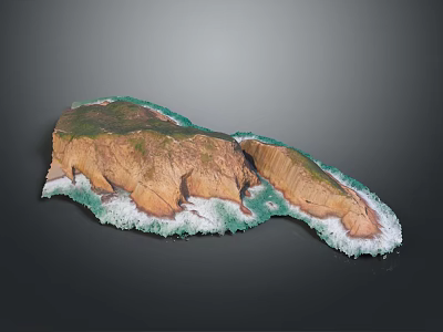 3D Island Terrain Model With Green Vegetation Brown Rocks And Ocean Waves 3d model