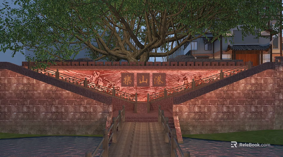 Scenic Waterfront Landscape with Large Tree Traditional Buildings Stone Wall Carvings and Wooden Bridge 3d model 