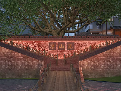 Scenic Waterfront Landscape with Large Tree Traditional Buildings Stone Wall Carvings and Wooden Bridge 3d model