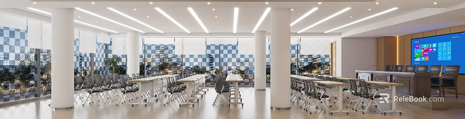 Modern Spacious Conference Room Interior With Long Tables Chairs And City View Windows 3d model 