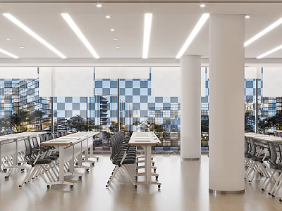 Modern Spacious Conference Room Interior With Long Tables Chairs And City View Windows 3d model
