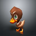 3D Cartoon Duckling With Brown Feathers Green Eyes Orange Beak And Feet On Dark Background
