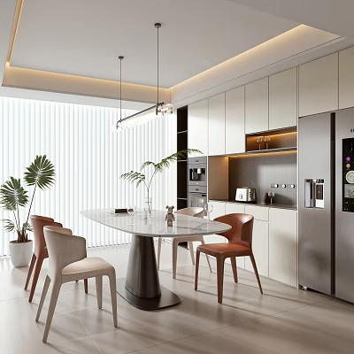 Modern Restaurant Interior With Marble Dining Table Chairs Potted Plants White Cabinets And Hanging Lights 3d model