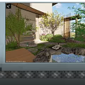 Rockery Stones In Garden Courtyard Featuring Small Pond Green Plants And Wooden Deck