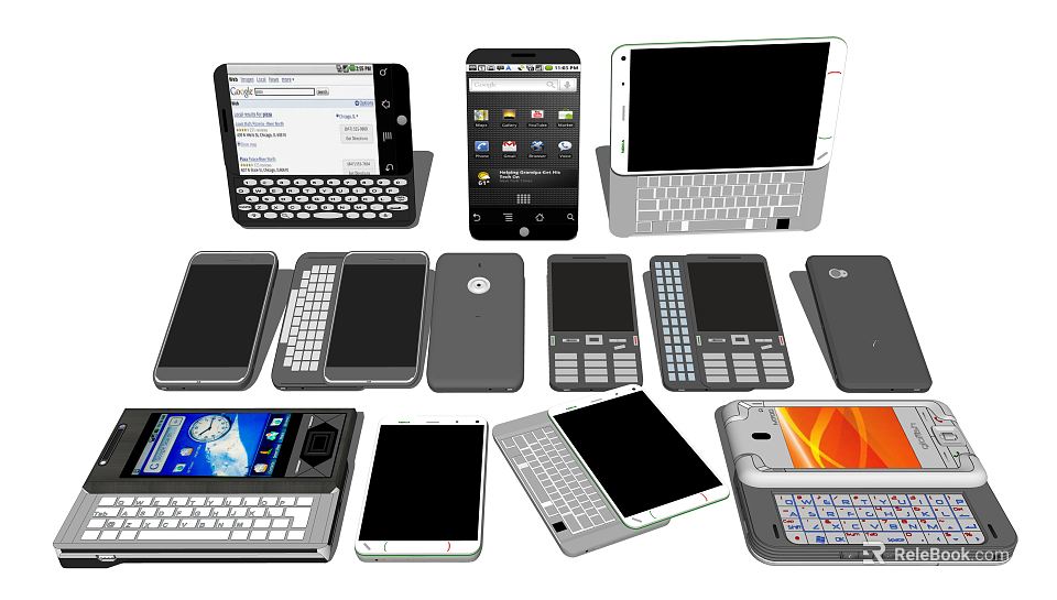 Various Mobile Phones and Digital Devices Featuring Keyboard and Touchscreen Designs 3d model 