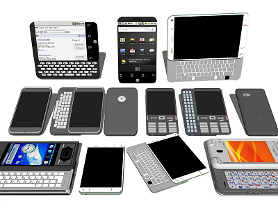 Various Mobile Phones and Digital Devices Featuring Keyboard and Touchscreen Designs 3d model